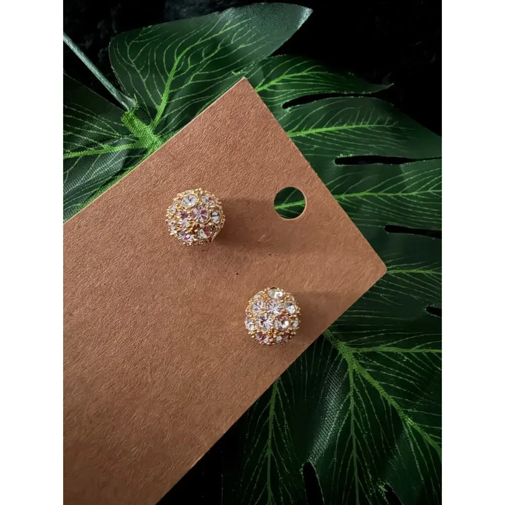 Gold Tone Clear Rhinestone Pavé Crystal Ball Cluster Stud Earrings